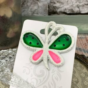 Vintage White Green Hot Pink Enamel Hand Painted Butterfly Figural Brooch Pin